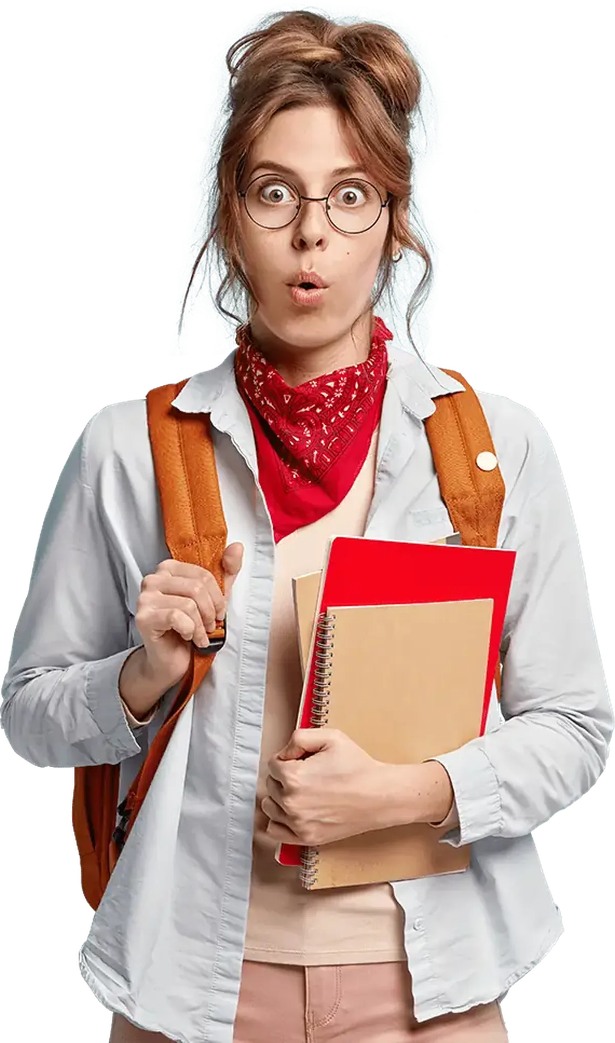 Surprised female student holding notebooks